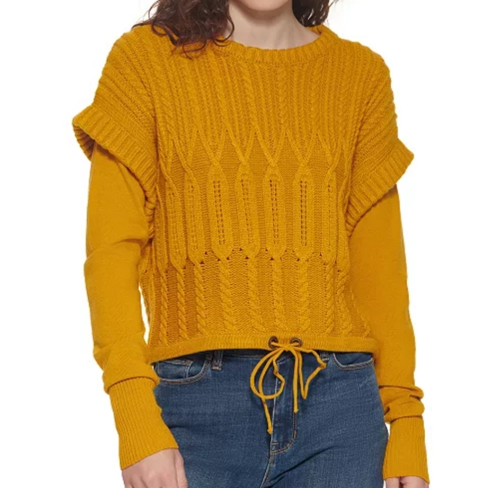 DKNY Jeans Women's Mustard Cable Knit Shoulder Detail Long Sleeve Sweater Sz XS
